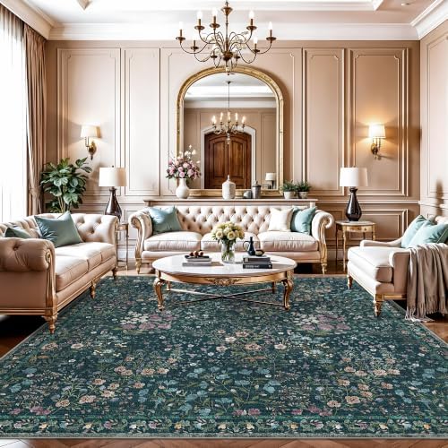 10x10 Square Area Rug Living Room: Boho Floral Washable Mat for Dining Room Bedroom Office High Traffic Area Soft Non Slip Low Pile Indoor Carpet for Vintage Farmhouse Home Decor (10ft Square, Green) by YOUFORTONG