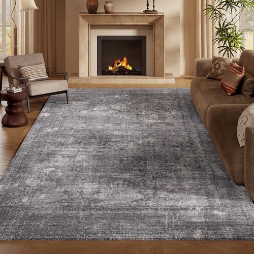 9x12 Light Grey Washable Area Rug for Living Room, Vintage Print by Unknown