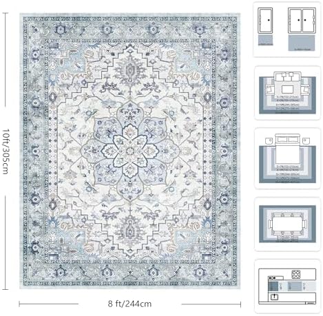 8x10 Area Rugs for Living Room - Washable Rug Vintage Distress Boho Medallion Rugs for Bedroom, Soft Non-Slip Backing Low Pile Carpet for Dining Room Office Nursery Home, Blue Grey Purple - Image 2