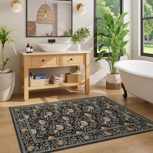 DUKINO 3x5 Rug, Washable Vintage Floral Bedroom Area Rug Non Slip, Black - Image 5