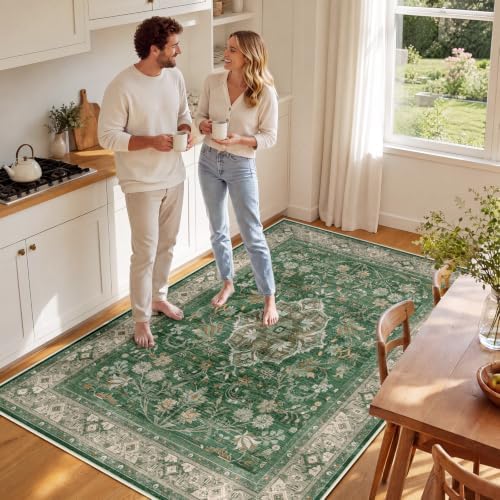 SameBed 5x7 Area Rug Living Room, Vintage Washable Carpet Green - Image 4