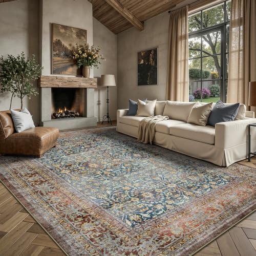 6x9 Area Rugs - Washable Vintage Retro Living Room Rug, Soft Ultra Thin Non Slip Low Pile Distressed Boho Traditional Carpet for Bedroom Dining Room Nursery Home Office, Rust Clay by Yarooge