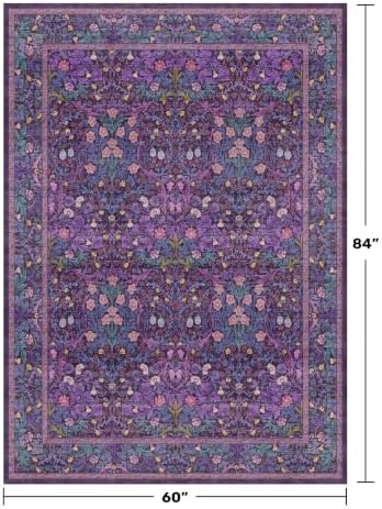 Washable Violet 5x7 Area Rug for Living Room, Vintage Dark Purple Dining Room Rugs for Under Table, Boho Foldable Low Pile Soft Carpet, Stain Resistant & Traditional Plum Floral Design - Image 2