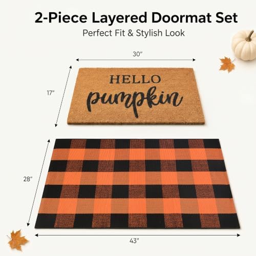 Fall Decor Door Mat Combo Set, 100% Coco Coir Welcome Mat + 28 x 43 Inches Orange and Black Plaid Rug- Fall Thanksgiving Front Porch Entryway Floor Doormat, Indoor Outdoor Autumn Mats Hello Pumpkin - Image 2