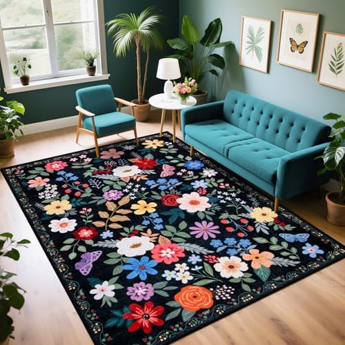 PLHXFR Area Rug Living Room: 5x7 Floral Washable Boho Soft Carpet Black by PLHXFRSoftAreaRugs