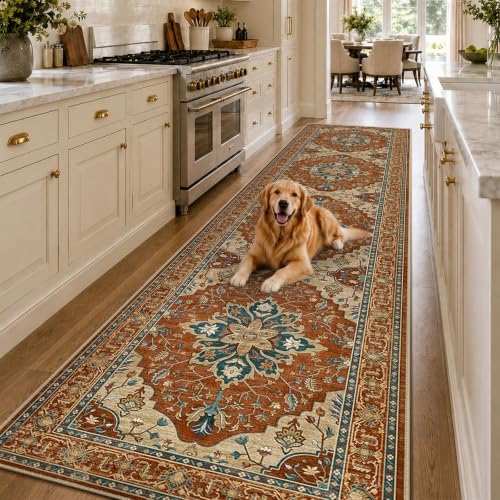 RELEANY Washable Area Rug, Runner 2'6"x14', Red/Orange/Blue/Brown by RELEANY