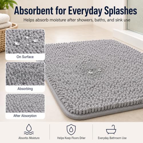 Bathroom Rugs Sets 2 Piece Plush Chenille Bath Rugs Non-Slip Bath Mats Absorbent Shaggy Rugs,Bathtub Mat, Gray Pet Dog Mats,Washable Bathroom Carpet for Tub, Shower, Washroom- 32x20 + 24x16 Inch - Image 6