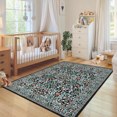 GarveeHome 4x6 Washable Area Rug for Living Room, Floral Large Entryway Kitchen Rug Non Slip, Ultra Soft Stain Resistance Carpet for Bedroom Laundry Room, Black - Image 2