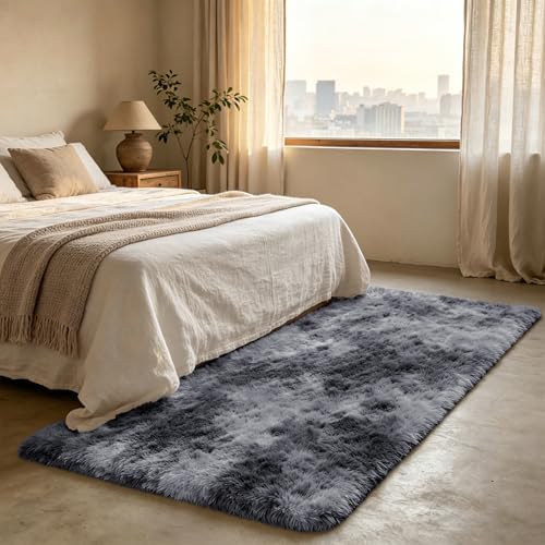 Shag Runner Rug for Bedroom Living Room 2x6 Upgrade Non-Slip Fluffy Soft Bedside Rugs,Shaggy Mottling Black Carpet for Livingroom Dorm Home Decor Aesthetic - Image 3