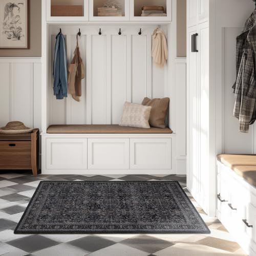 Vintage Dark 3x5 Entryway Rug Indoor Foyer, Earth Tone Farmhouse Throw Rug for Kitchen Bathroom, Machine Washable Non Slip Thin Area Rug for Nursery/Bedroom Bedside/Home Office/Dorm, Midnight - Image 5