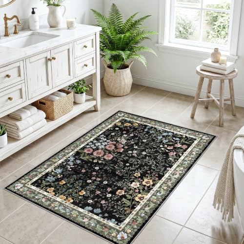 3x4 Washable Entryway Area Rug: Non Slip Floral Washable Entry Rug Living Room Area Rug for Indoor Floor Kitchen Bedroom - Soft Thin Door Mat Carpet Boho Vintage Home Decor (3'x4', Black) - Image 3