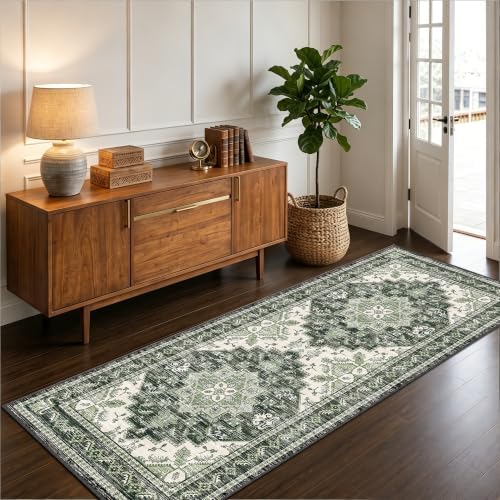 Area Rugs Runner 2x6 Washable Non-Slip Boho Indoor Carpets, Green - Image 2