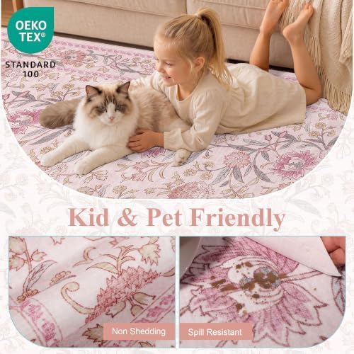 DUKINO 2.6x8 Runner Rug, Washable Vintage Floral Kitchen Runners Rug, Pink - Image 4