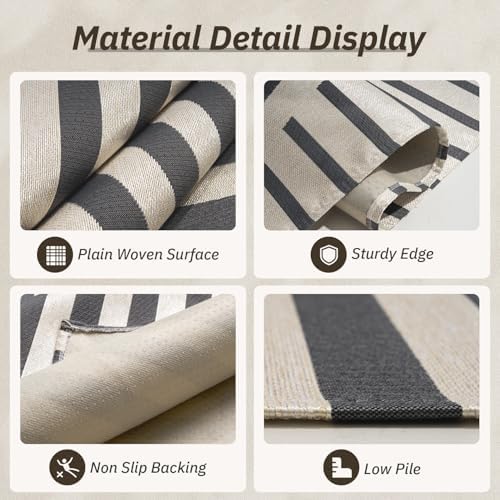 AMOAMI Outdoor Rug Patio Rug 8x10 ft Quick Dry Flatweave Textured Machine Washable Outdoor Carpet with Rubber Particles Backing Boho Outdoor Area Rug for Patio Deck Front Porch Balcony Greyish Black - Image 3