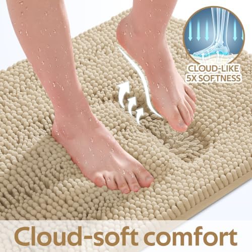 ACCUMTEK Striped Beige Bathroom Rug Mat Set 2 piece 24"x17"+48"x20" Ultra Soft, Non Slip Chenille Bath Rugs, Absorbent Plush Shaggy Bath Mats for Bathroom, Bedroom, Kitchen, Shower, Tub - Image 4