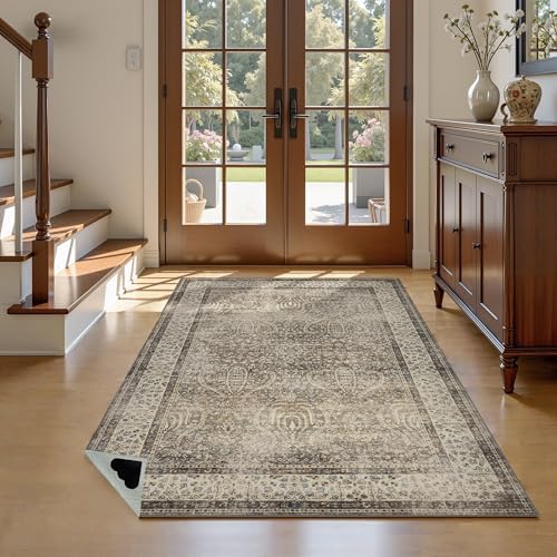 RCTJHOME 4x6 Brown Vintage Oriental Washable Area Rug Non-Slip Soft Carpet - Image 2