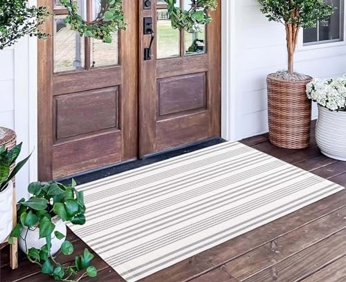 Grey and White Outdoor Rug 24"x51"Fall Washable Striped Front Porch Rug by BUAGETUP