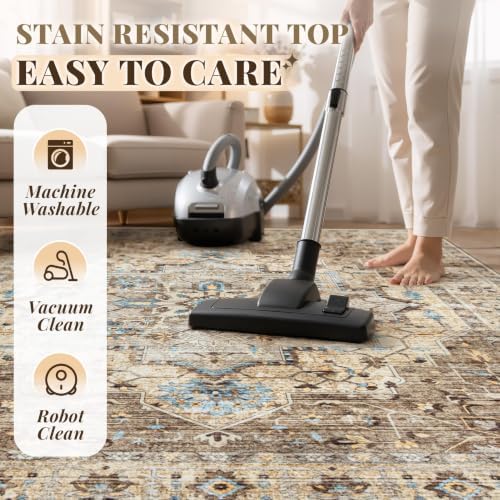 Area Rug 6x9 Vintage Rug: Washable Indoor Medallion Rugs Low Pile Distressed Floor Carpet Retro Accent Rug for Living Room Bedroom Kitchen Dining Table Home Office(Brown/Blue, 6'x9') - Image 6