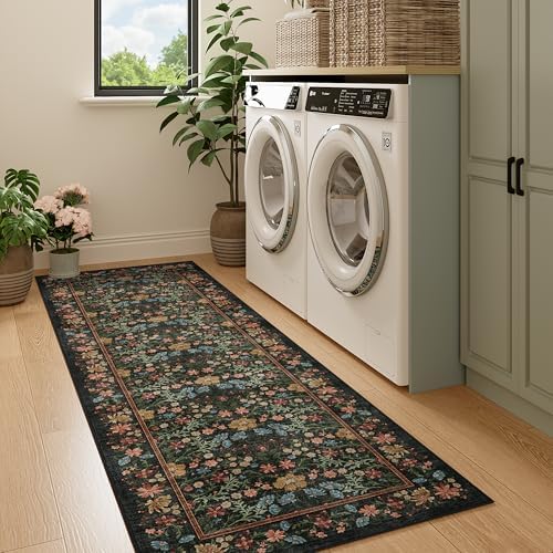 DUKINO 2x6 Runner Rug, Washable Vintage Floral Kitchen Rug, Black - Image 5