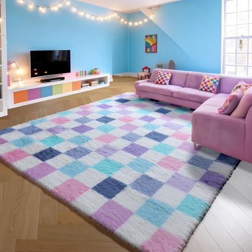 KICMOR Purple Rainbow Checkered Rugs for Living Room, Fluffy Soft 8x10 Area Rugs Colorful Fuzzy Shag Shaggy Bedroom Carpet, Cute Indoor Plush Rug for Kids Girls Dorm Nursery Home Decor Aesthetic - Image 5