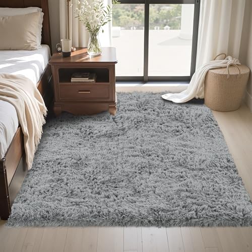 4x6 Area Rug for Living Room,Light Gray Fluffy Shag Non-Slip Bedroom Rugs - Image 4