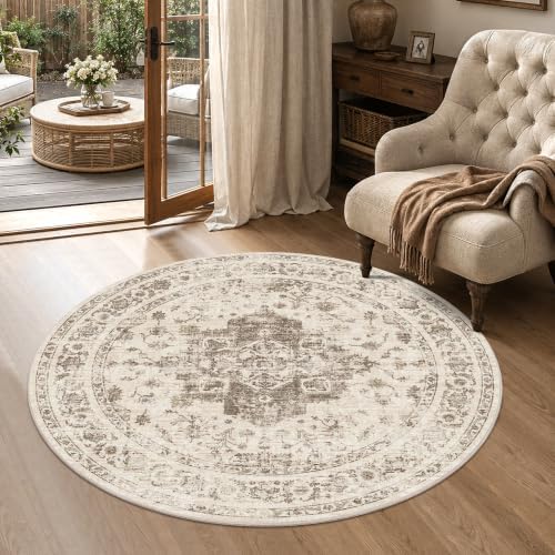 3ft Round Washable Office Rug Non-Slip Medallion Taupe Throw Carpet by HOME