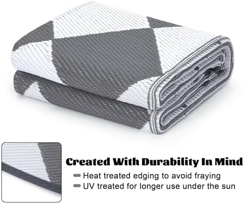 GAOMON 9x18 Plastic Straw Rug Outdoor Rugs for Patio Waterproof Reversible Mat Modern Bordered Camping Rug for Porch RV Backyard Pool Deck Picnic Beach Trailer Trellis-Grey/White - Image 3