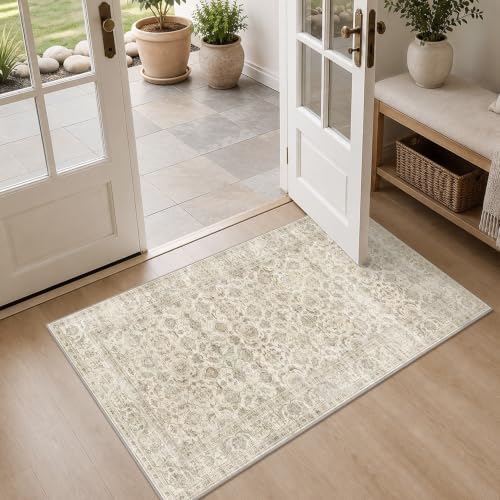 JOOJA 2x4 Beige Vintage Floral Low Pile Non Slip Washable Boho Runner Rug by JOOJA