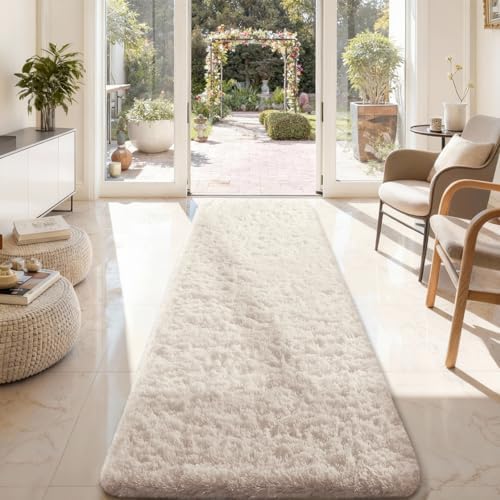 Ophanie 2x8 Runner Rug for Hallway, Upgrade Non-Slip Fluffy Soft Bedside Rugs, Bedroom Living Room Ivory Shaggy Carpet for Kids Dorm Home Decor with Over 99 pcs Pile fibers - Image 2