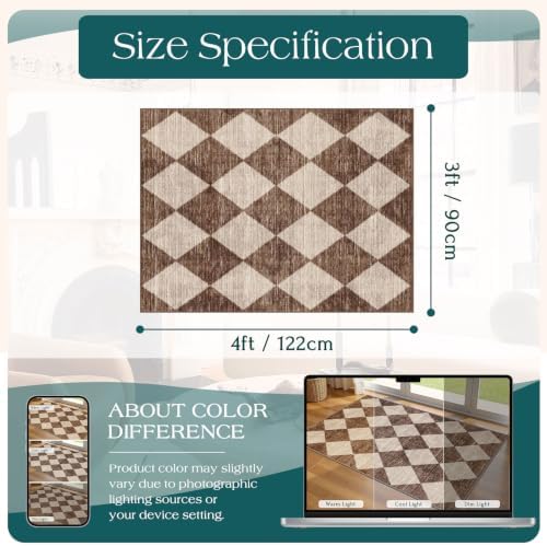 Brown Beige Checkered Entry Rug - 3x4 Non-Slip Washable Indoor Outdoor Front Door Mat Porch Rug Farmhouse Diamond Throw Carpet for Living Room Bedroom Entryway Kitchen Office Fall Porch Decor - Image 2