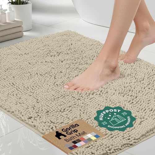 GORILLA GRIP Bath Rug Mat for Bathroom, Absorbent Chenille, 24x17 Sand by GorillaGrip