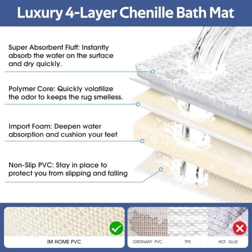 ACCUMTEK Striped White Bathroom Rug Set 3 Pieces Ultra Soft, Non Slip Chenille Toilet Mat, Absorbent Plush Shaggy Bath Mats for Bathroom, Bedroom, Kitchen, Ivory - Image 5