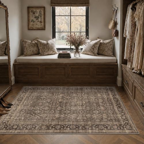 JOOJA 4x6 Brown Vintage Boho Washable Area Rug, Non Slip Indoor Soft Rug - Image 3