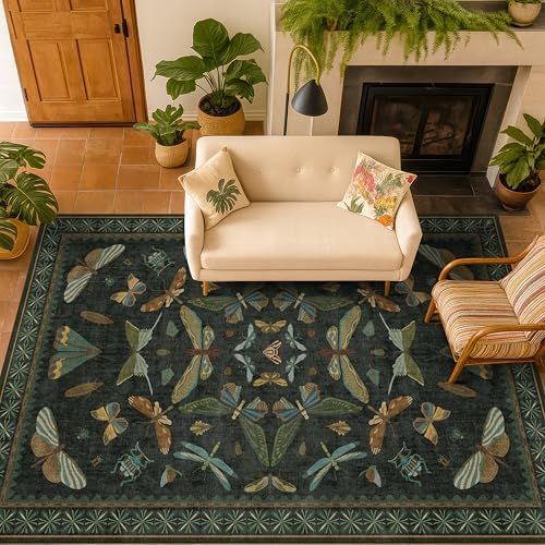 Dark Green Area Rugs 5x7 for Living Room - Fairy Fantasy Moss Rugs for Dining Room Table, Bedroom, Whimsical Insect Boho Moth Décor, Washable Non Skid Soft Carpet - Image 6