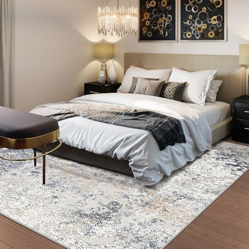 DMOYEST Square Area Rug Living Room Rugs - 8x8 Washable Large Soft Indoor Neutral Modern Abstract Low Pile Rug Carpet for Bedroom Dining Room Farmhouse Home Office - Beige Blue - Image 3