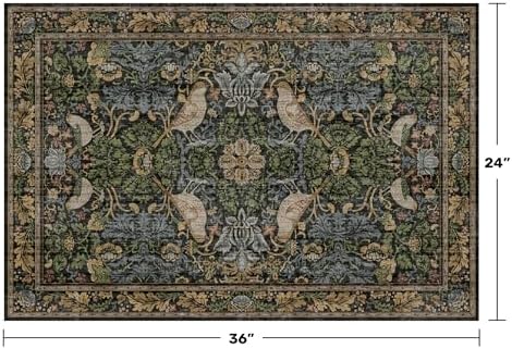 Hazo Haus Washable Dark Vintage Floral Rugs for Entryway - Small 2x3 Washable Rug for Kitchen Bathroom Door Mat Indoor Entrance with Bird & Botanical Pattern, Brown Earthy Tones, Non Slip Low Pile - Image 2