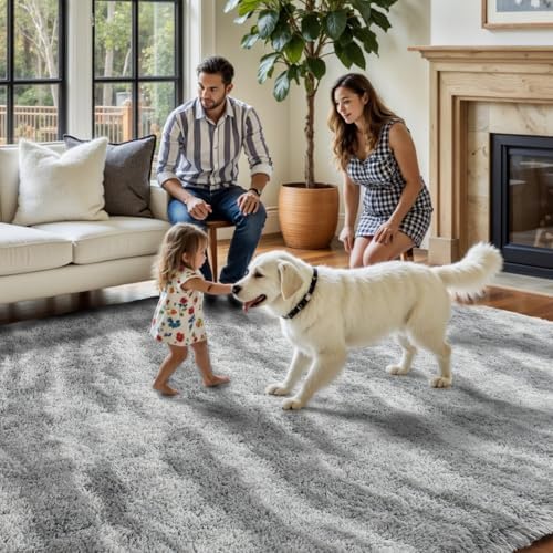 6x9 Non-Slip Fluffy Area Rugs For Living Room (Tie-dye Striped Grey) - Image 7