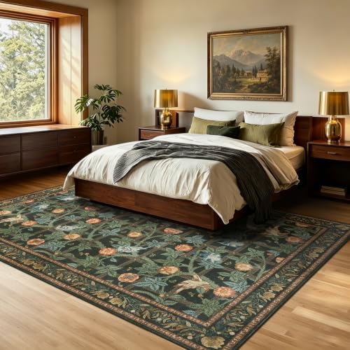 6x9 Area Rug, Dark Green Floral Boho Washable Rugs for Living Room Bedroom - Image 3