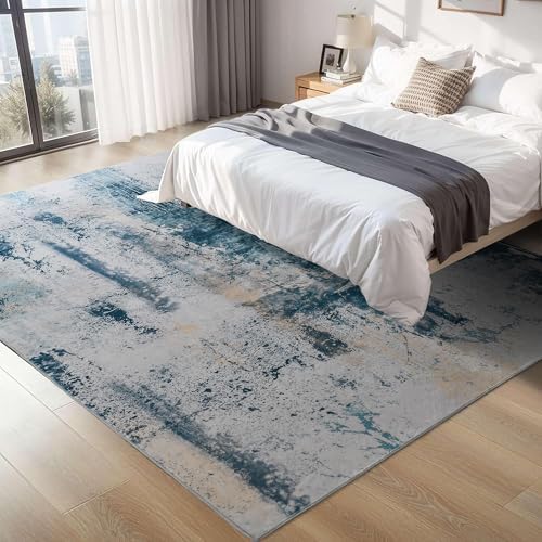 Living Room Rug 7x10 Aqua Blue Area Rugs Machine Washable Abstract Boho Large Rug Non-Slip Non-Shedding Faux Wool Indoor Vintage Carpet for Bedroom, Classroom, Dining Room, Kids Playroom - Image 2