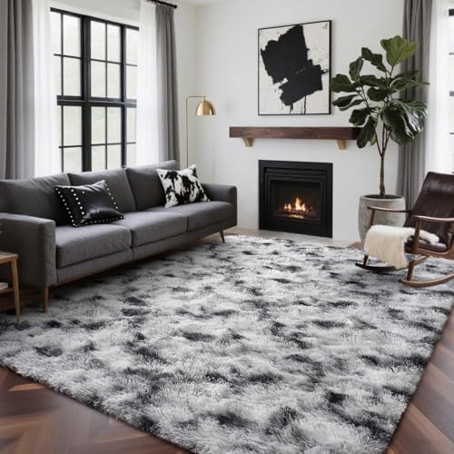 7x10 Ft Extra Large Shag Rugs for Living Room, Tie Dyed Ultra Soft Fluffy Furry Area Rugs for Bedroom Indoor Floor, Aesthetic Carpet for Kids Home Decor Black White by Cuzwlovita