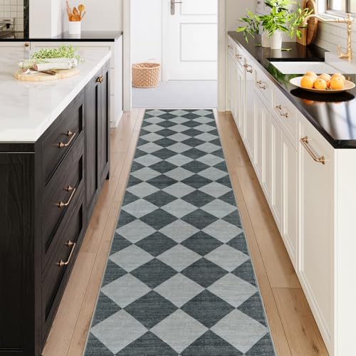 Beeiva Checkered Rug Runner for Hallways 2.5x12, Kitchen Runner Rugs Non Skid Washable Ultra Thin, Moroccan Extra Long Carpet for Bathroom Decor, Modern Plaid Carpet for Kitchen (Blue/Grey) by Beeiva
