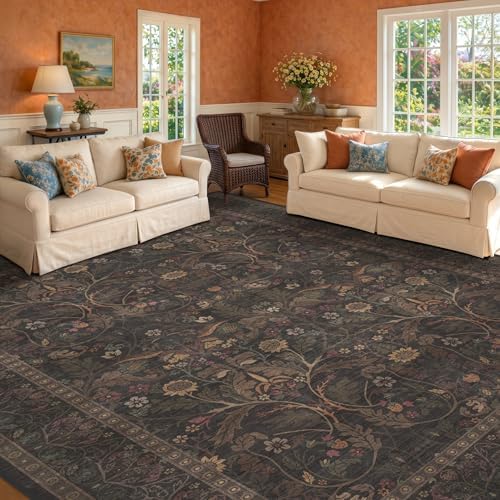 Washable 8x10 Dark Area Rug for Living Room, Black and Brown Halloween Rug for Bedroom Dining Room, Moody Floral Farmhouse Western Style, Large Gold Southwest Non Slip Low Pile Carpet (Dark Brown) by Evyhood