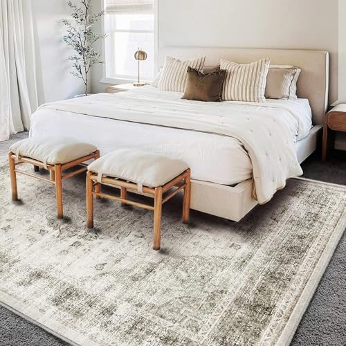 CHAMPLANT Washable Area Rug 10'x14' Floral Khaki Boho Design Non-Shedding Easy Care Ideal for High Traffic Areas in Living Room Bedroom Office Coffee Table Kitchen Large Carpet - Image 2
