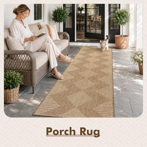 MontVoo-2x6 ft Indoor Outdoor Runner Rugs for Entryway Porch Hallway Kitchen Door Entrance Long, Textured Weave Polypropylene, Durable for High Traffic, Fade-Resistant, Boho Geometric Neutral Brown - Image 3
