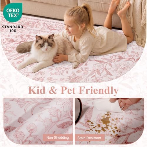 DUKINO 6x9 Area Rug Vintage Floral Washable Rugs for Living Room Light Pink - Image 4
