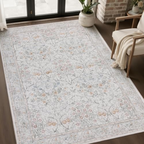 JOLLYVOGUE 3x5 Washable Rug, Vintage Floral Area Rug, Beige by JOLLYVOGUE