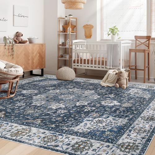 Area Rug 6x9 Washable Rug, Vintage Boho Medallion Rugs Non-Slip Soft Low Pile Large Distressed Rug Indoor Retro Carpet for Living Room Bedroom Dining Room Home Office (Vintage Blue, 6'x9') - Image 3