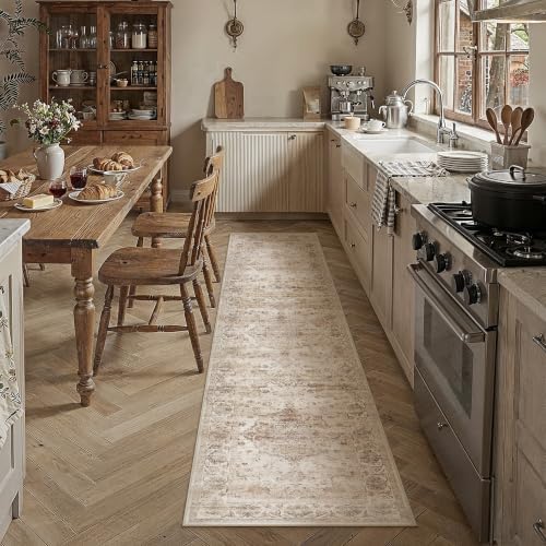 PureCozy Beige Runner Rug 2x8 Kitchen Vintage Floral Non-Slip Carpet - Image 2