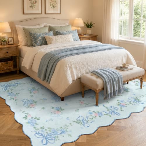 Wonnitar 5x7 Blue Rug for Bedroom, Washable Boho Bow Floral Rug for Dorm by Wonnitar
