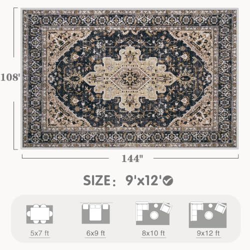 Area Rugs 9x12 Vintage Rug: Large Washable Living Room Rug Retro Medallion Distressed Soft Low Pile Non-Slip Indoor Floor Carpet for Bedroom Dining Table Office (BeigeBlack,9'x12') - Image 2